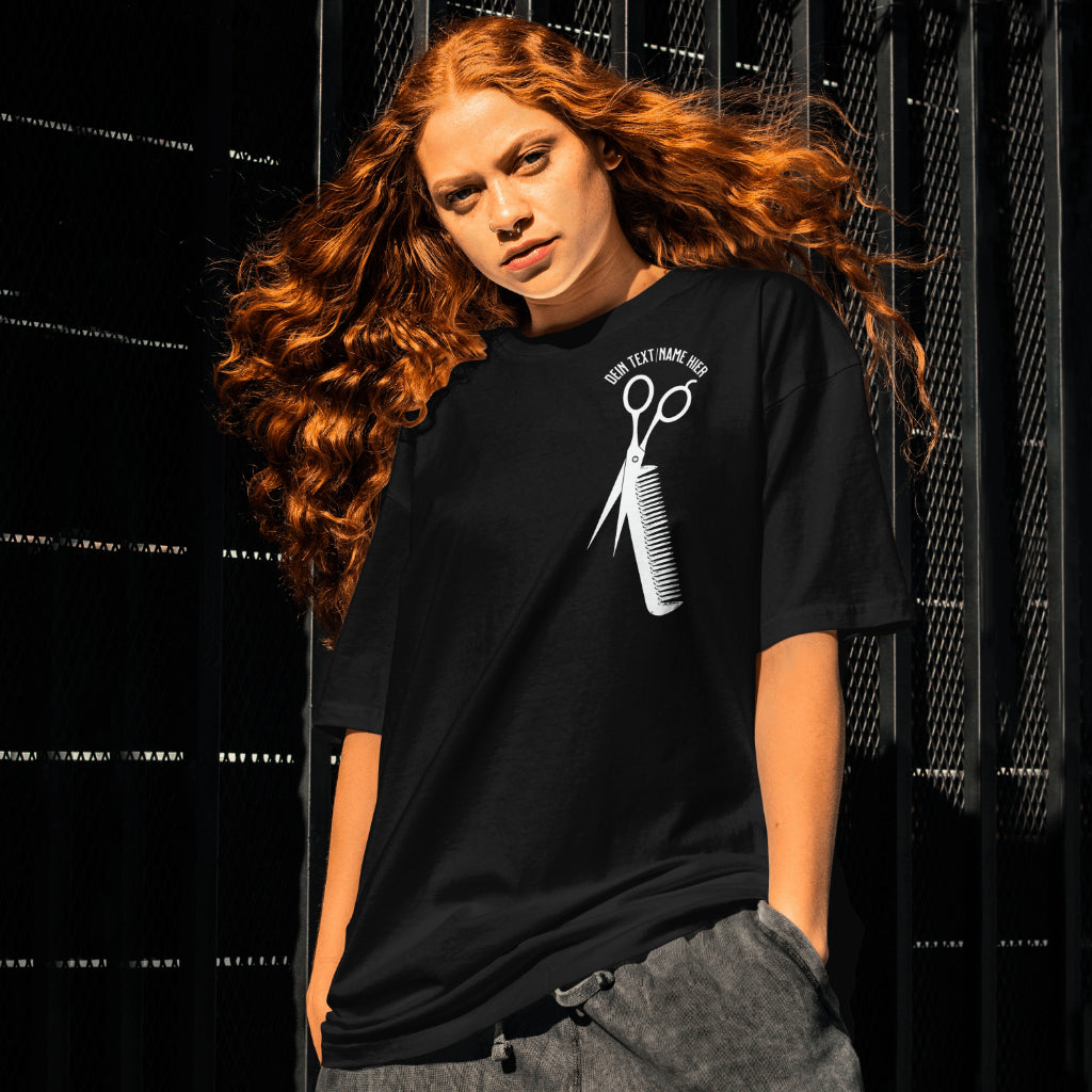 "Schere Kamm vertikal mit eigenem Text" -Unisex Premium Shirt