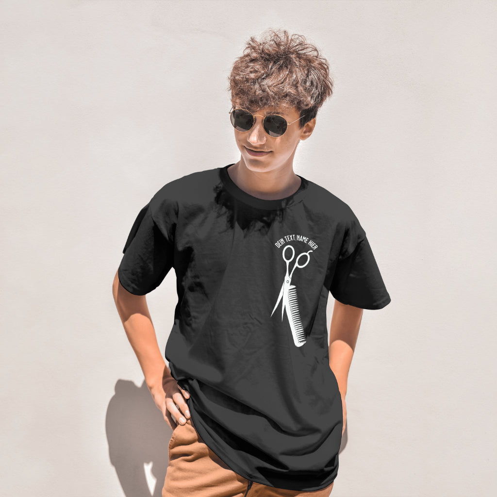 "Schere Kamm vertikal mit eigenem Text" -Unisex Premium Shirt