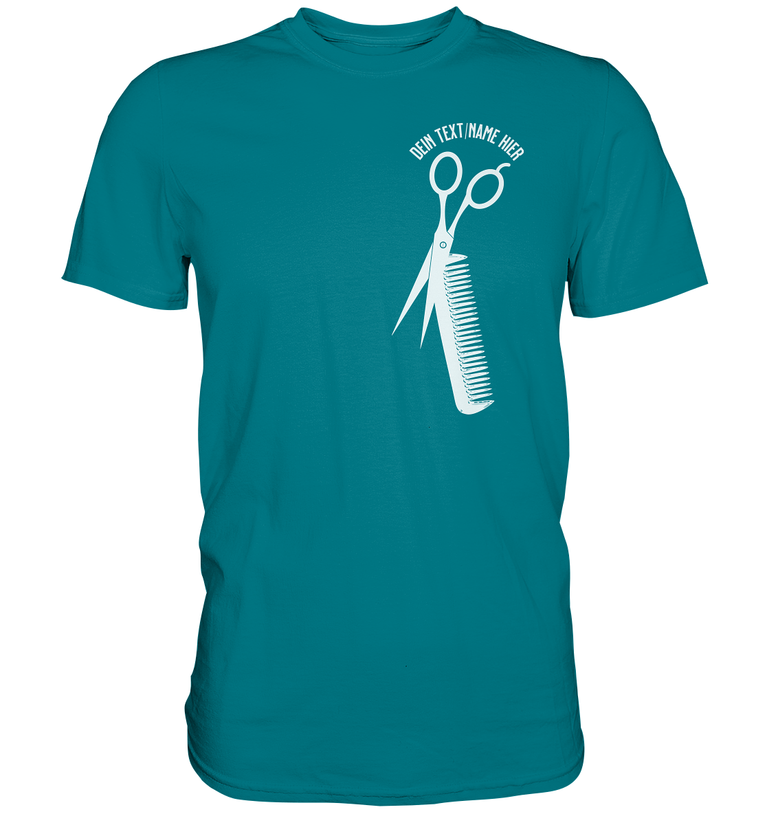 "Schere Kamm vertikal mit eigenem Text" -Unisex Premium Shirt