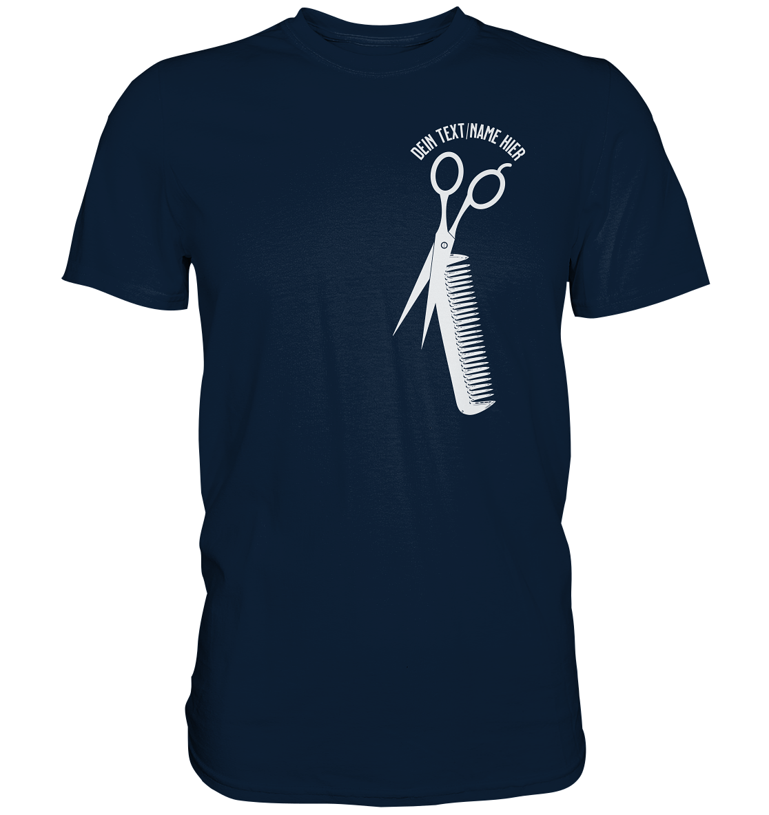 "Schere Kamm vertikal mit eigenem Text" -Unisex Premium Shirt